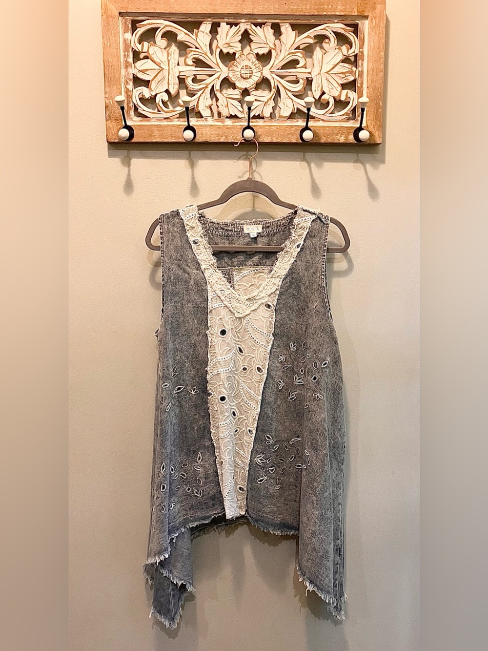 POL Sleeveless Blue-Grey Lace-Trim Tunic Shark bite Boho Style NWOT